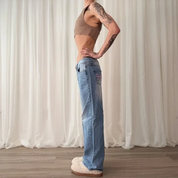 Low Rise Baggy Jeans Ribbon Bow Detail Wide Leg Jeans Telepatia Size 26 - Picture 4 of 7